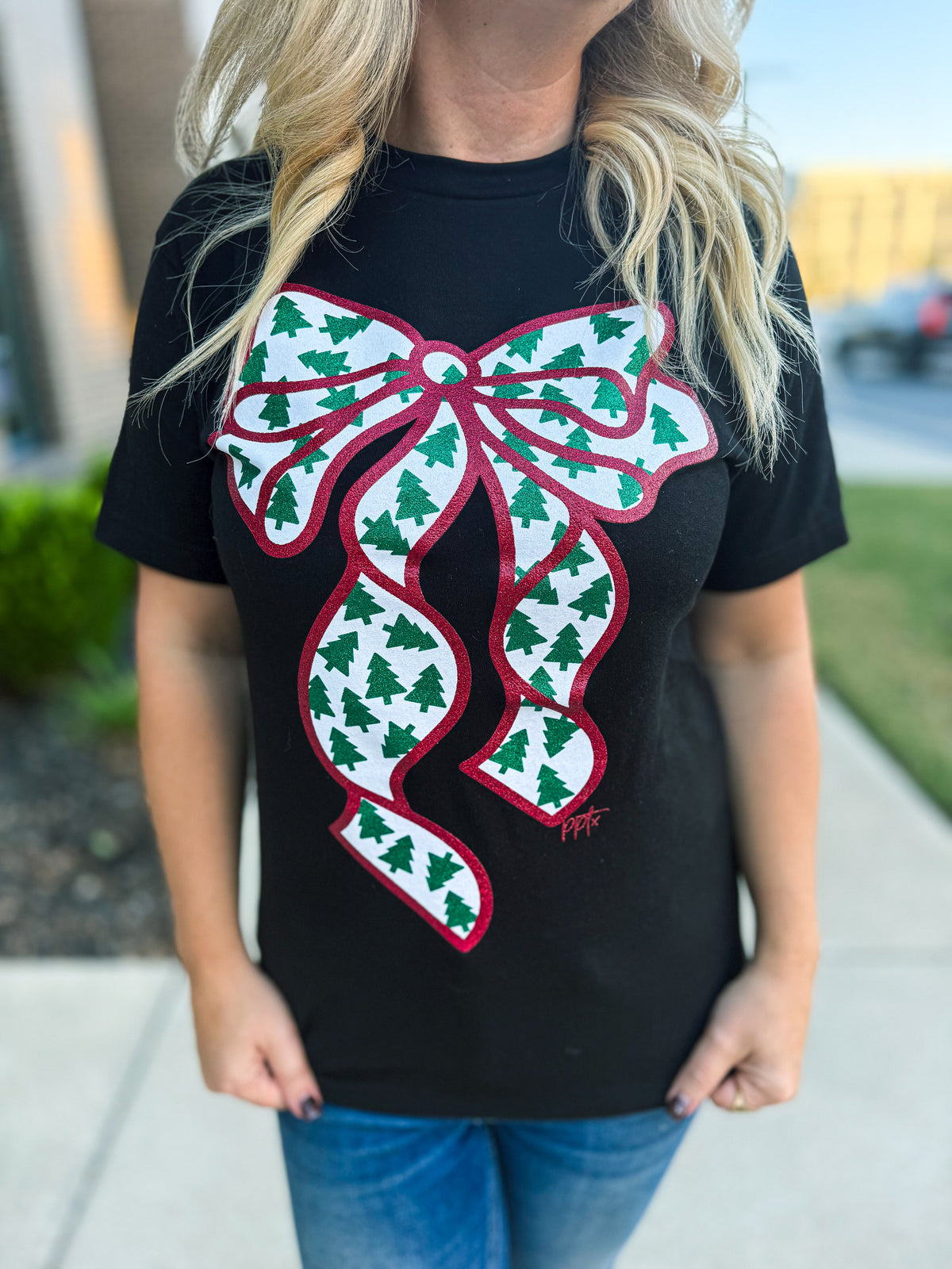 Red Glitter Bow Tee