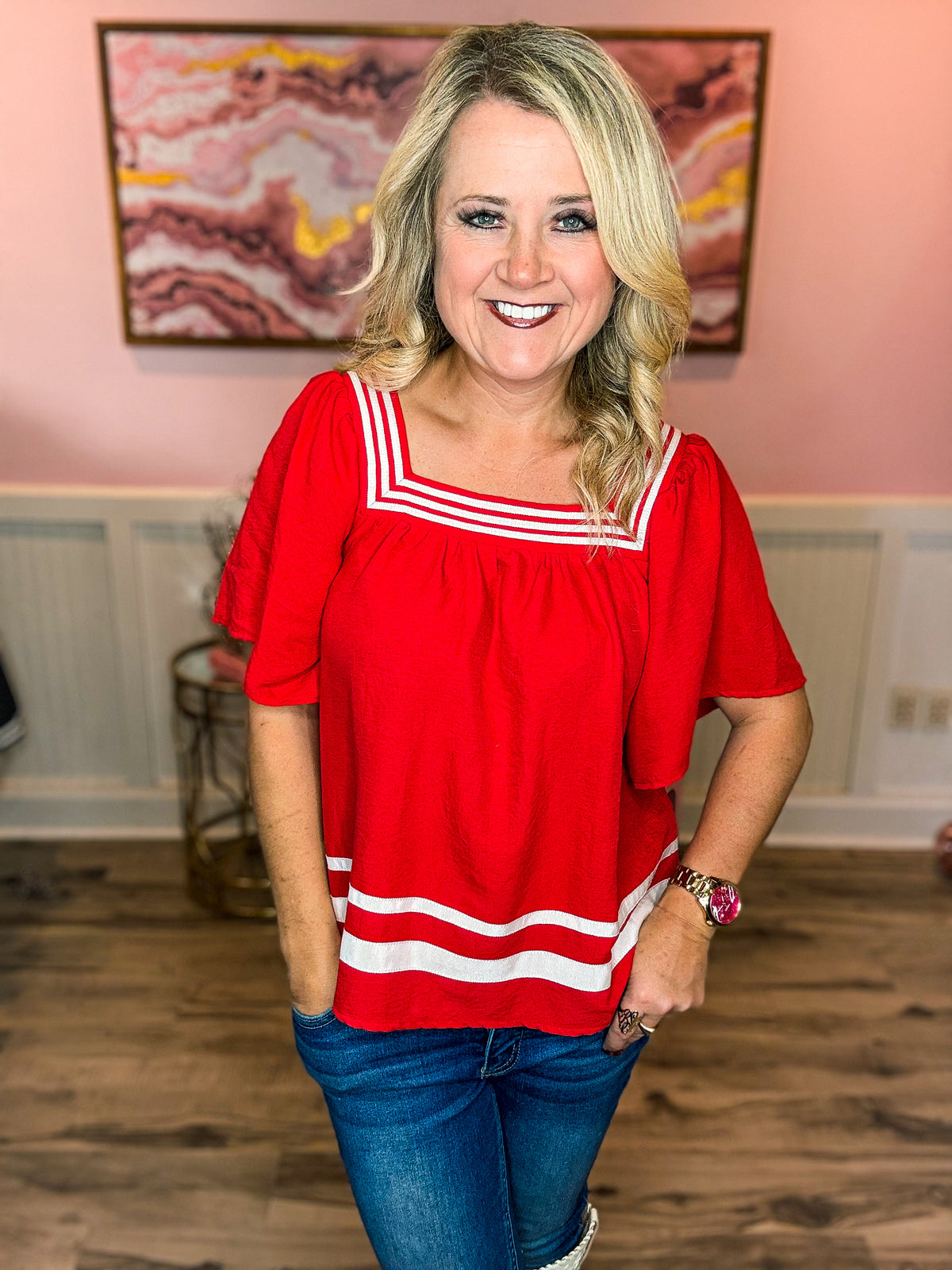 Red Contrast Top-She & Sky