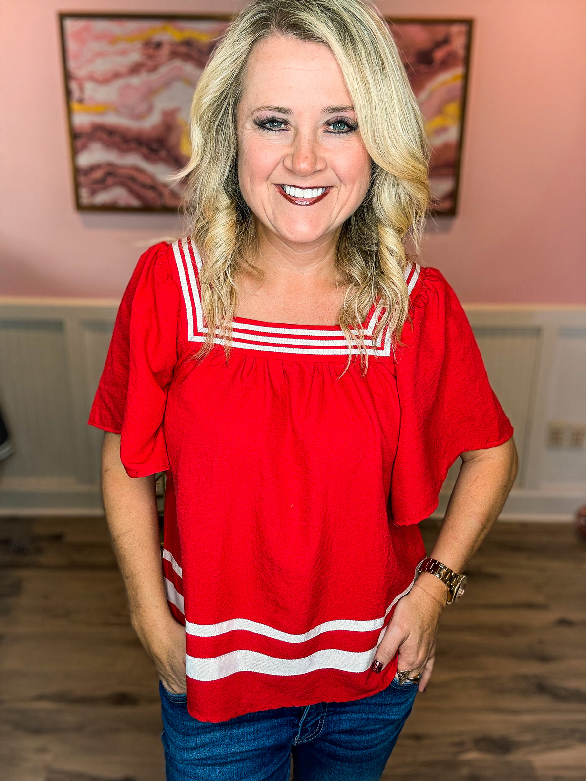 Red Contrast Top-She & Sky