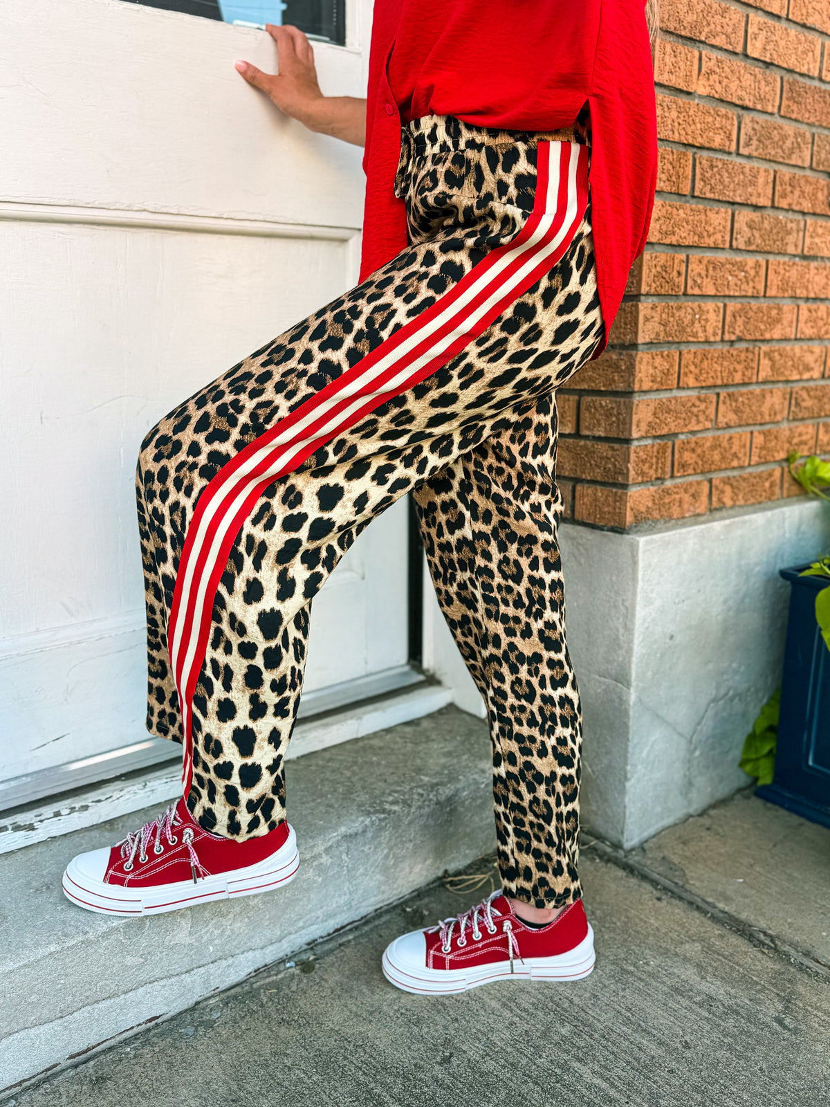 Leopard Pants with Red Stripes