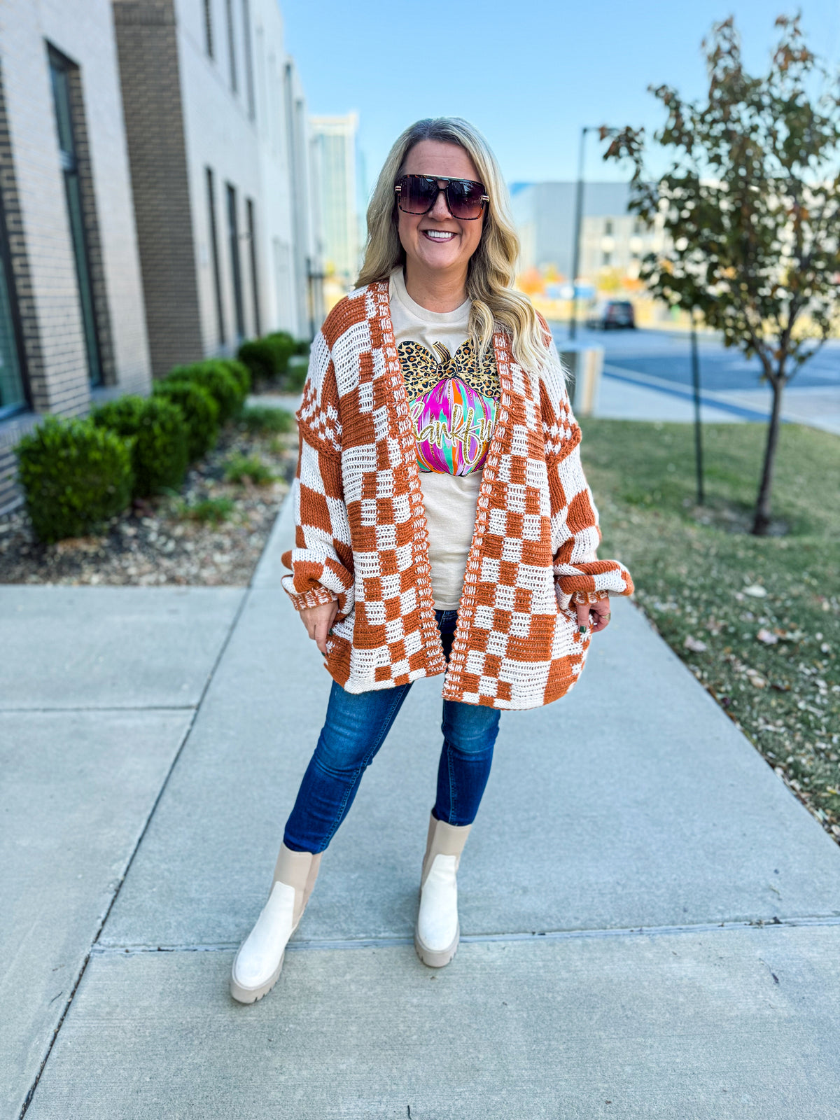 Bibi Checkered Cardigan-Rust