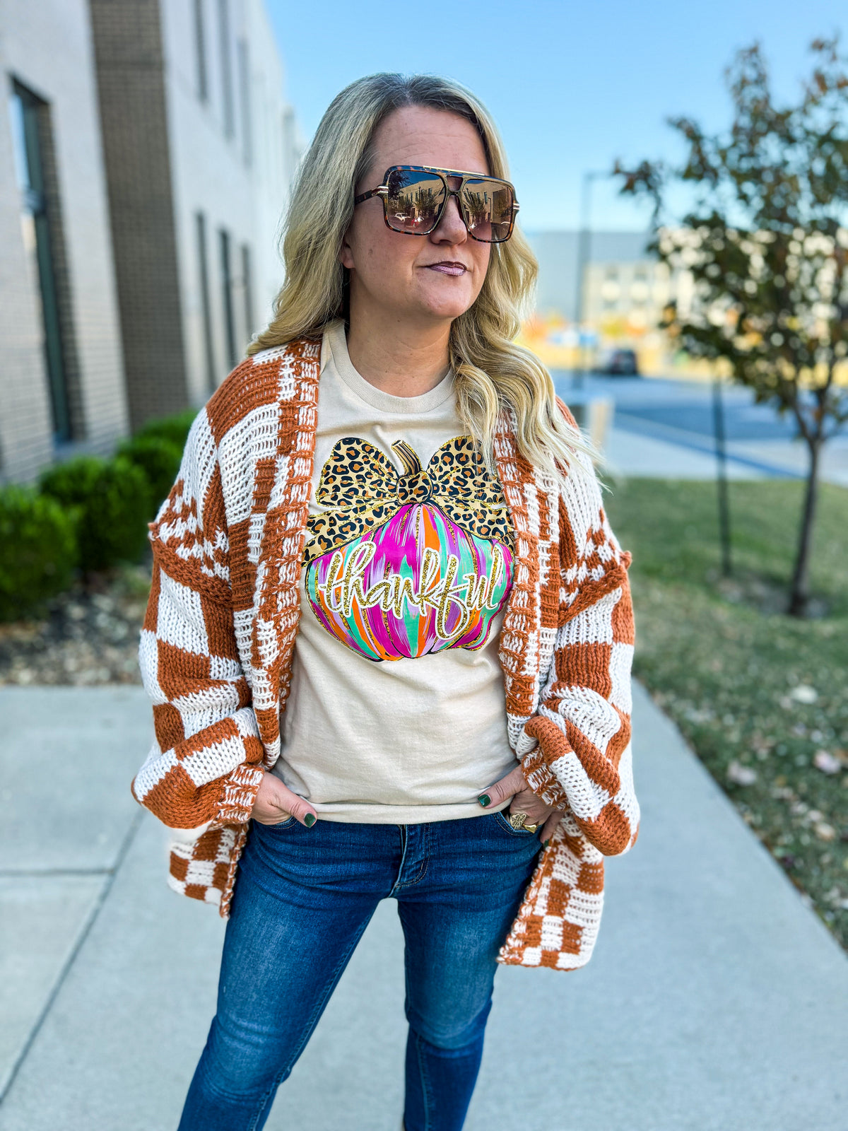 Bibi Checkered Cardigan-Rust