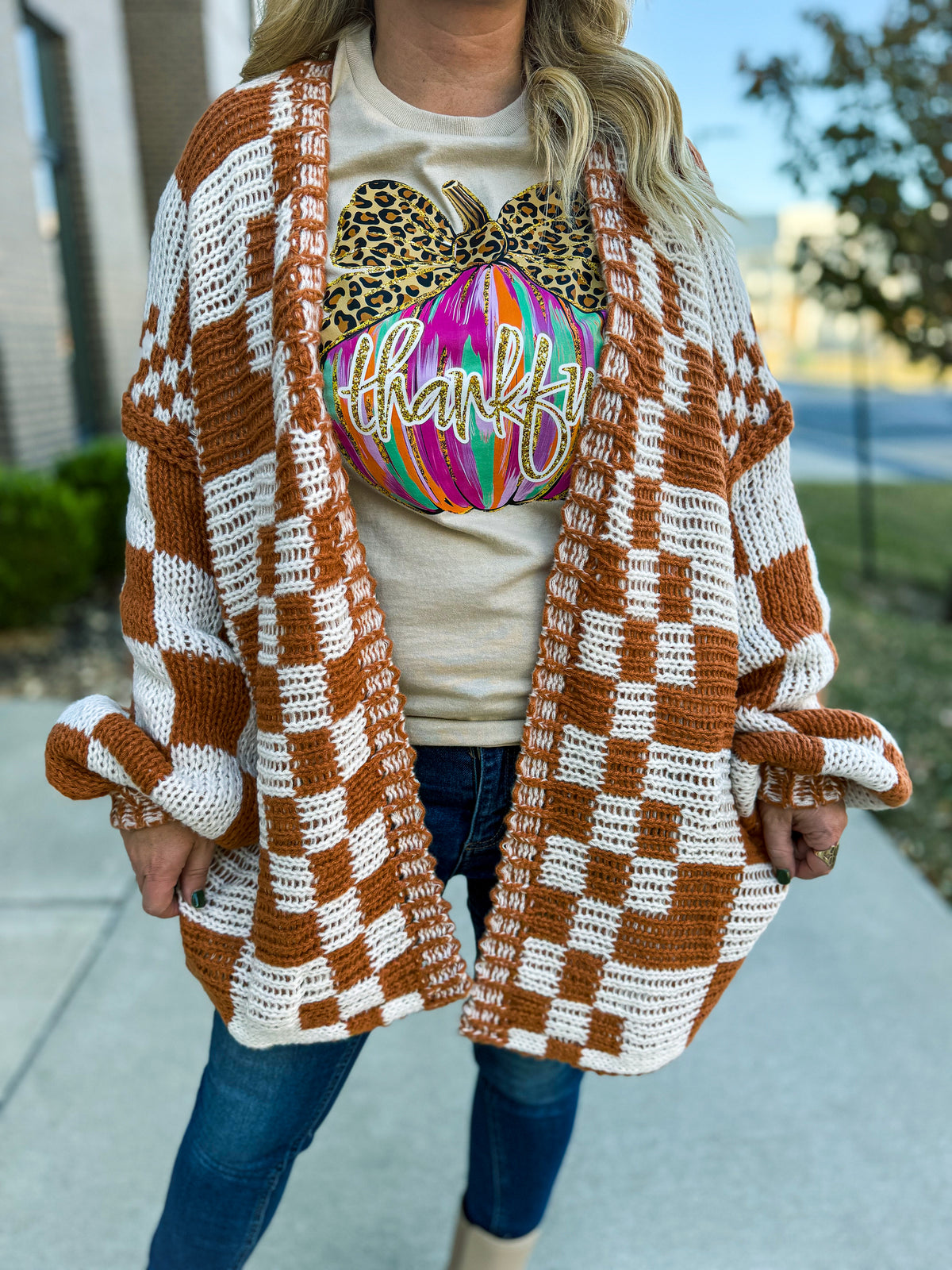Bibi Checkered Cardigan-Rust