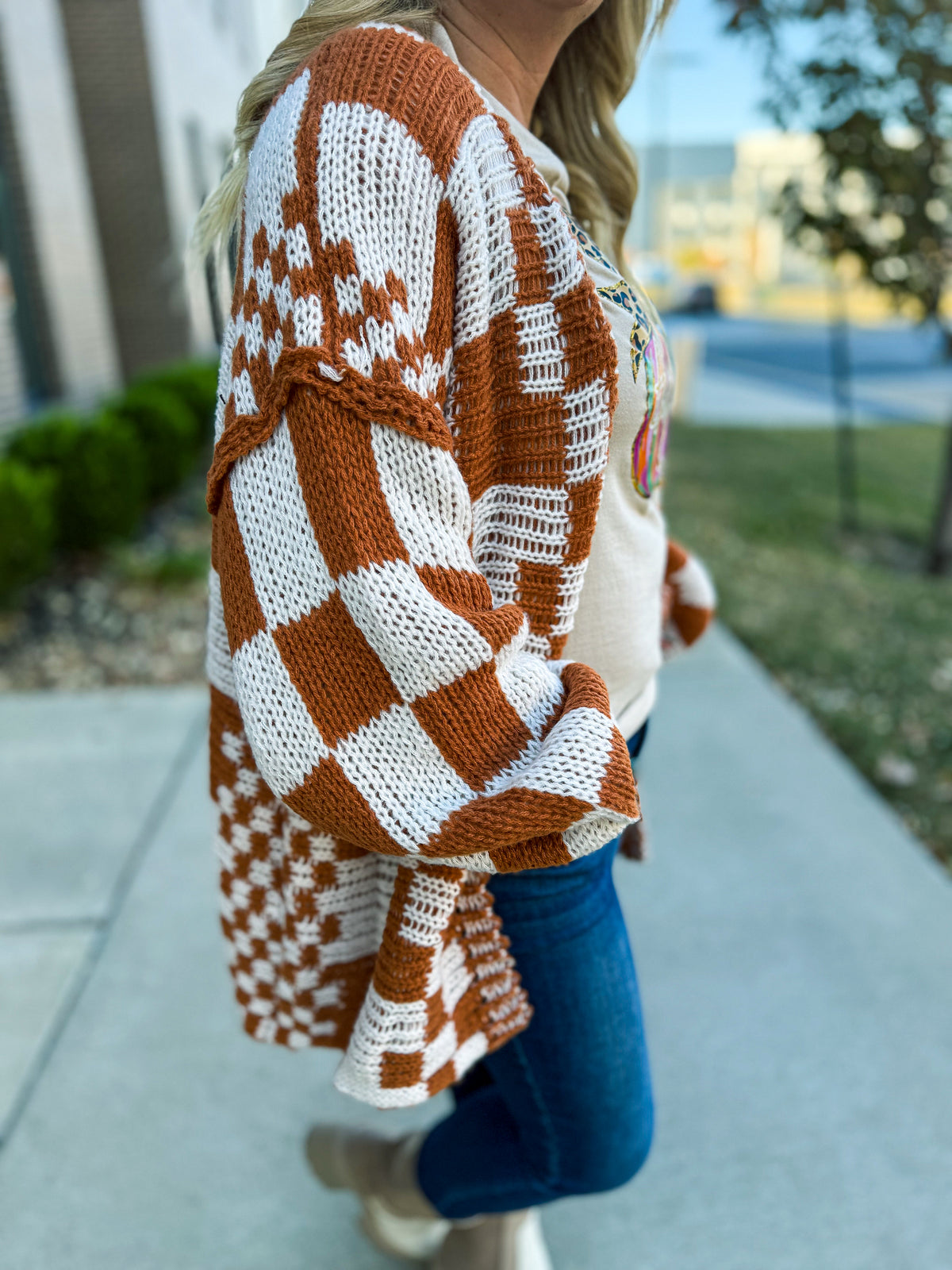 Bibi Checkered Cardigan-Rust