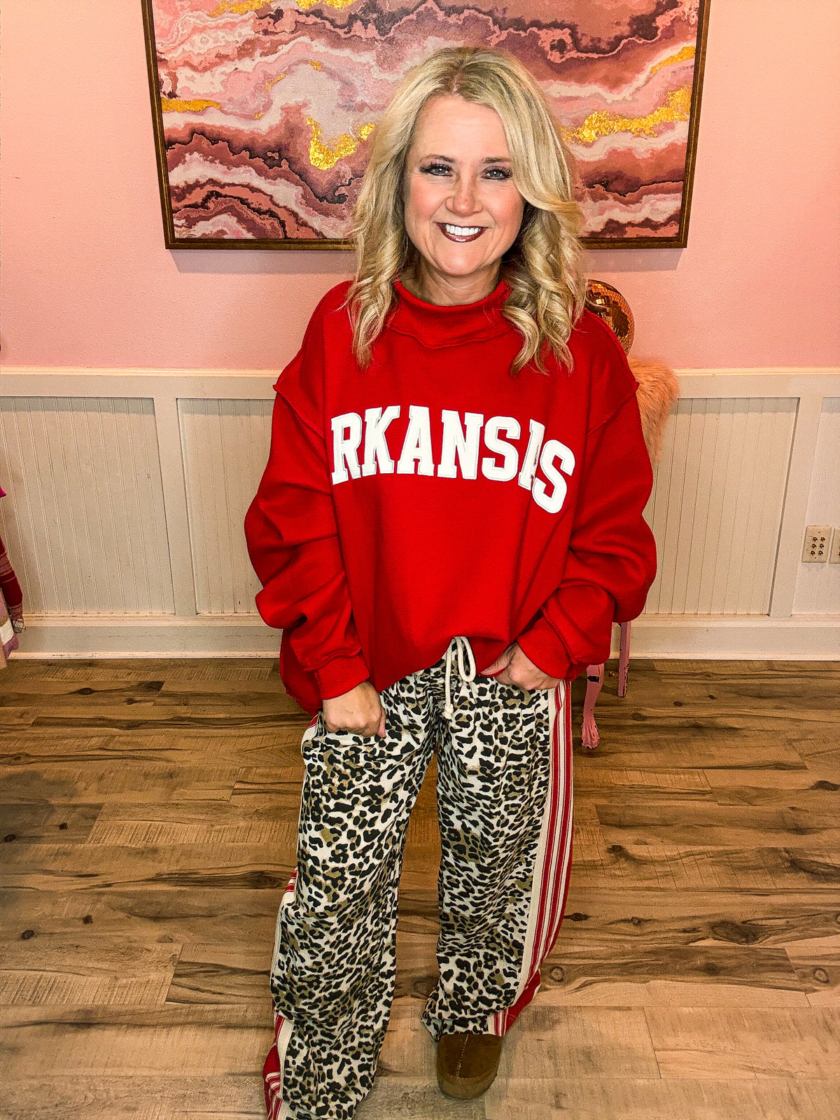 Leopard Print Bibi Pants with Red Stripes