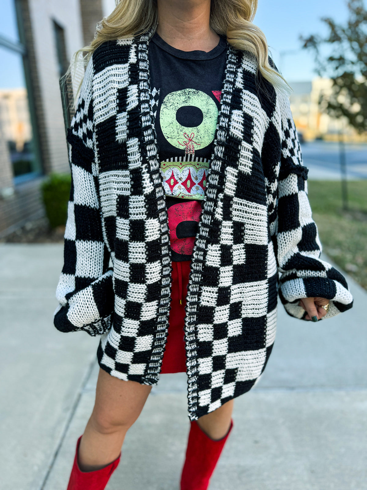 Bibi Checkered Cardigan-Black/White