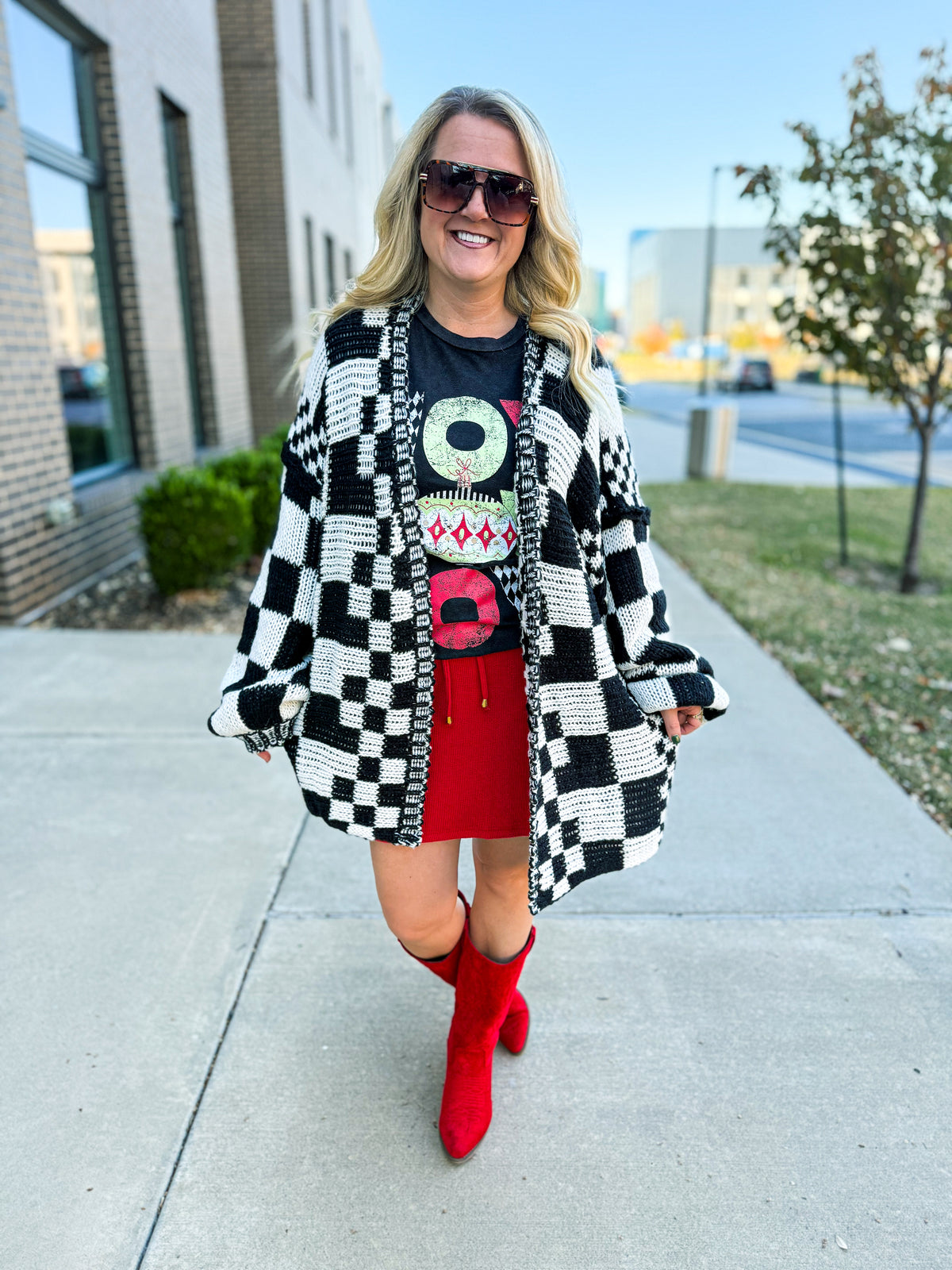Bibi Checkered Cardigan-Black/White