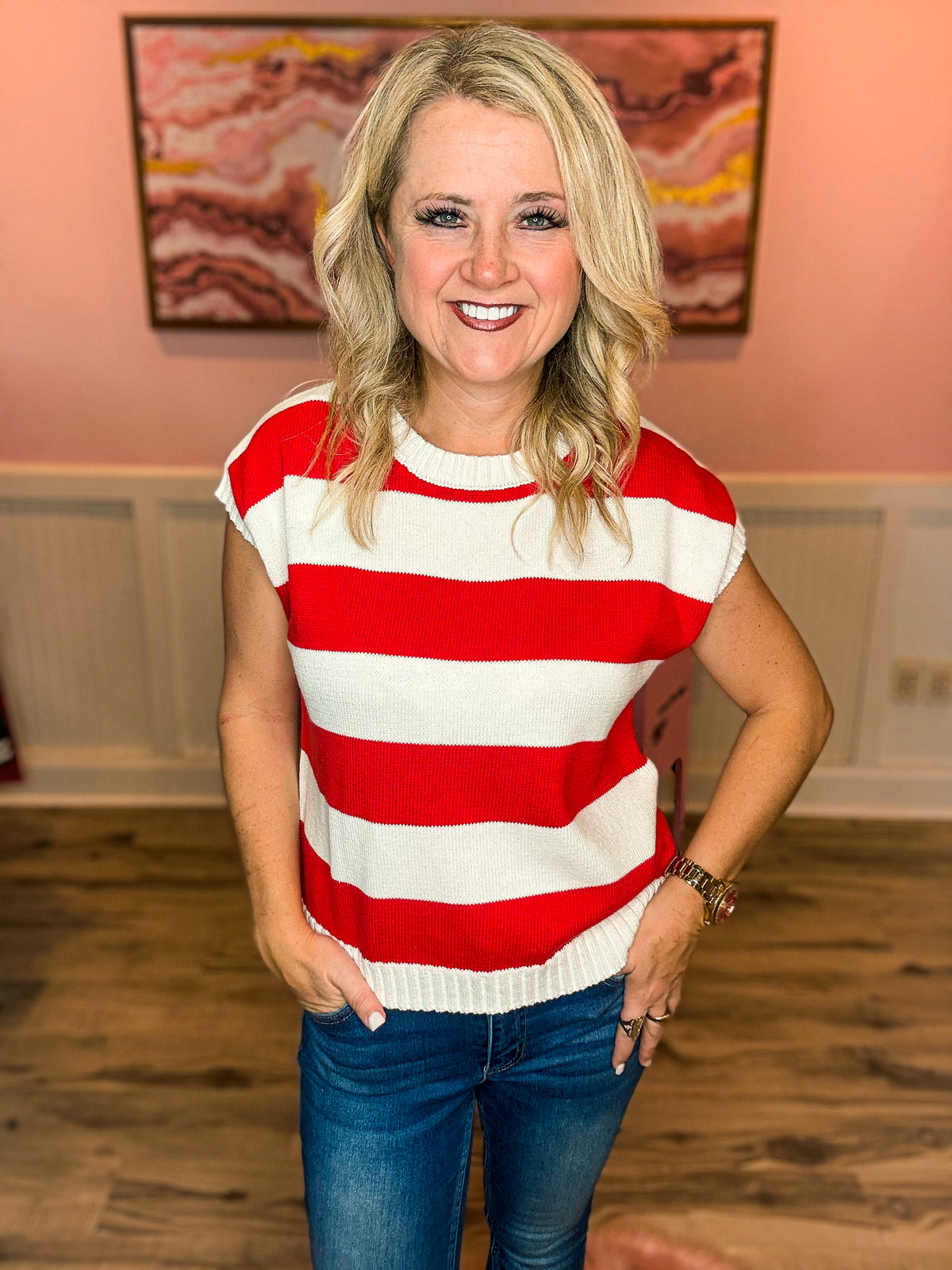 Red & White Striped Sleeveless Sweater