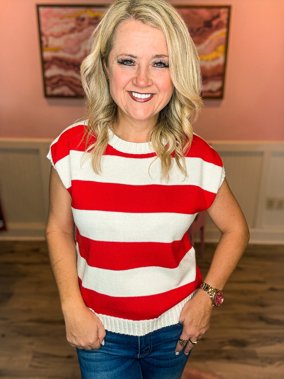 Red & White Striped Sleeveless Sweater