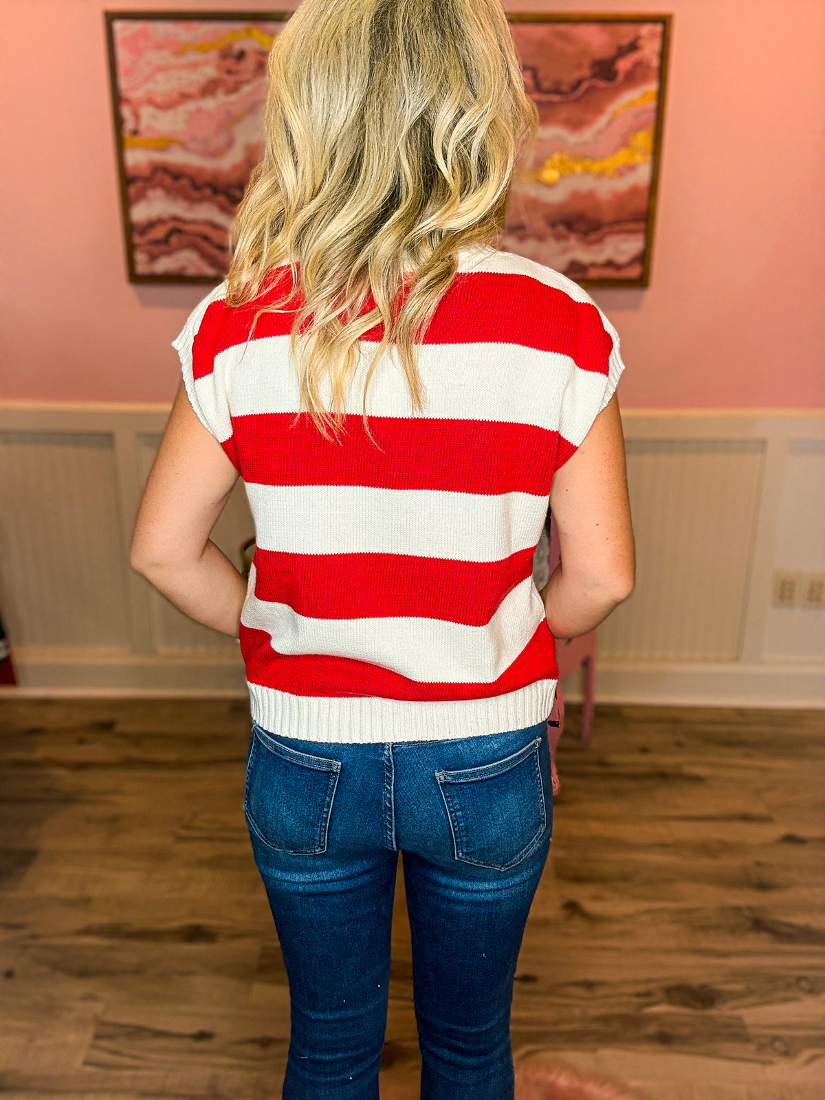 Red & White Striped Sleeveless Sweater