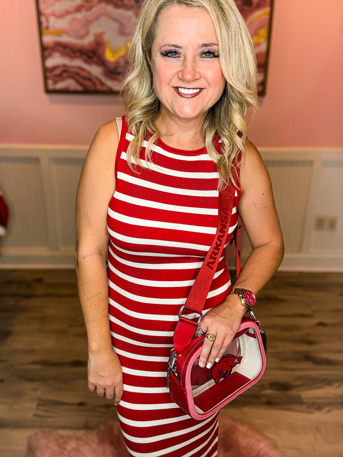 Red & White Striped Midi Dress