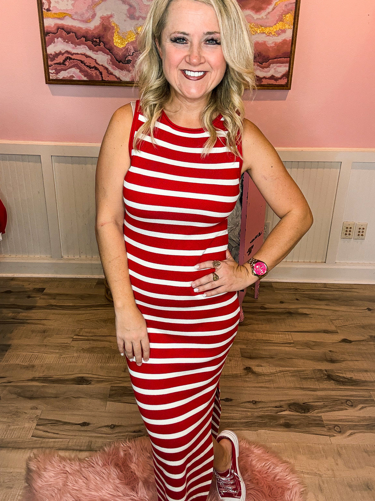Red & White Striped Midi Dress