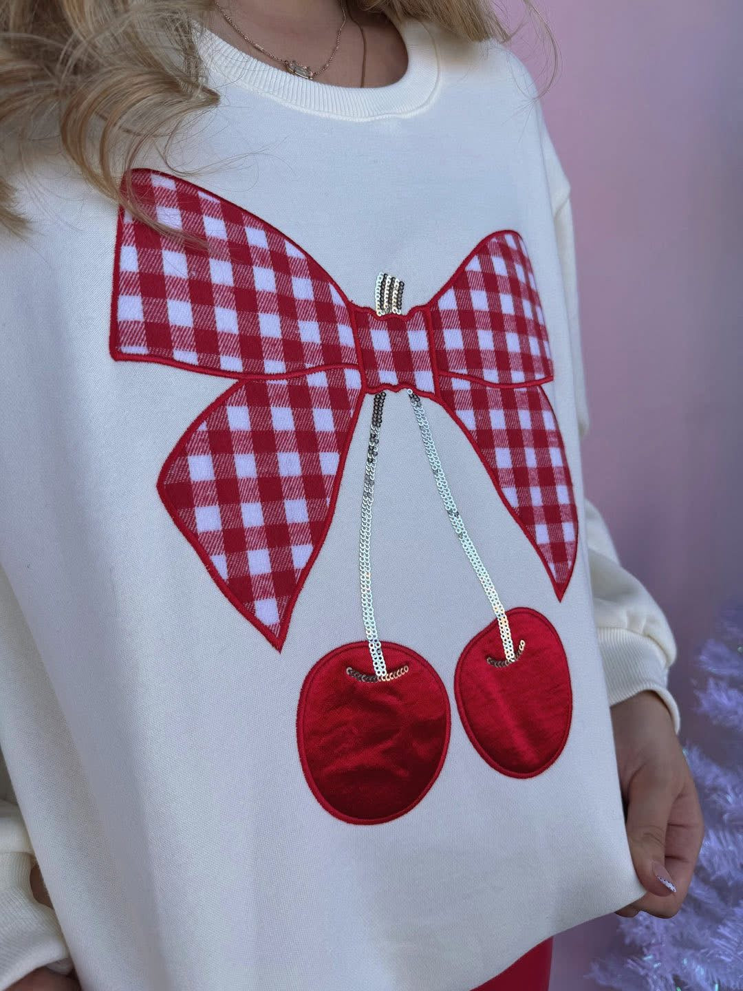 Plaid Cherry Sweatshirt-Creme