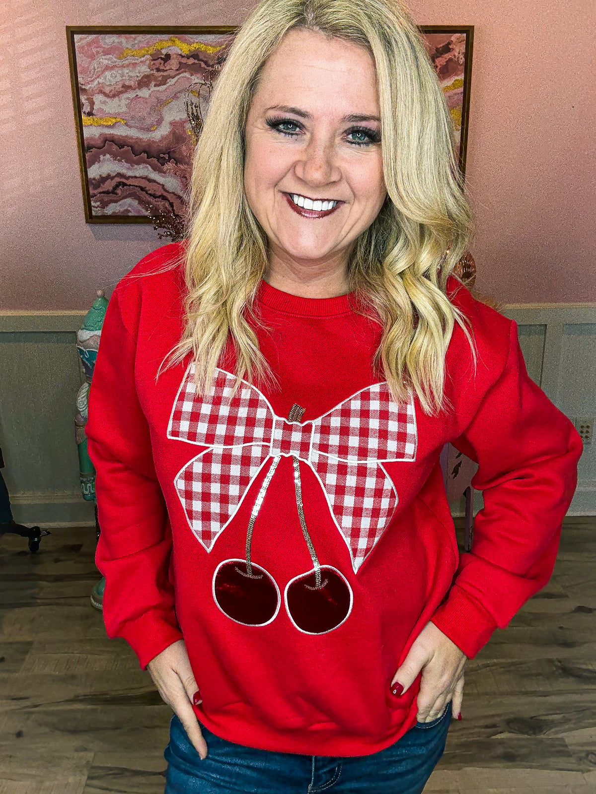 Plaid Cherry Sweatshirt-Red