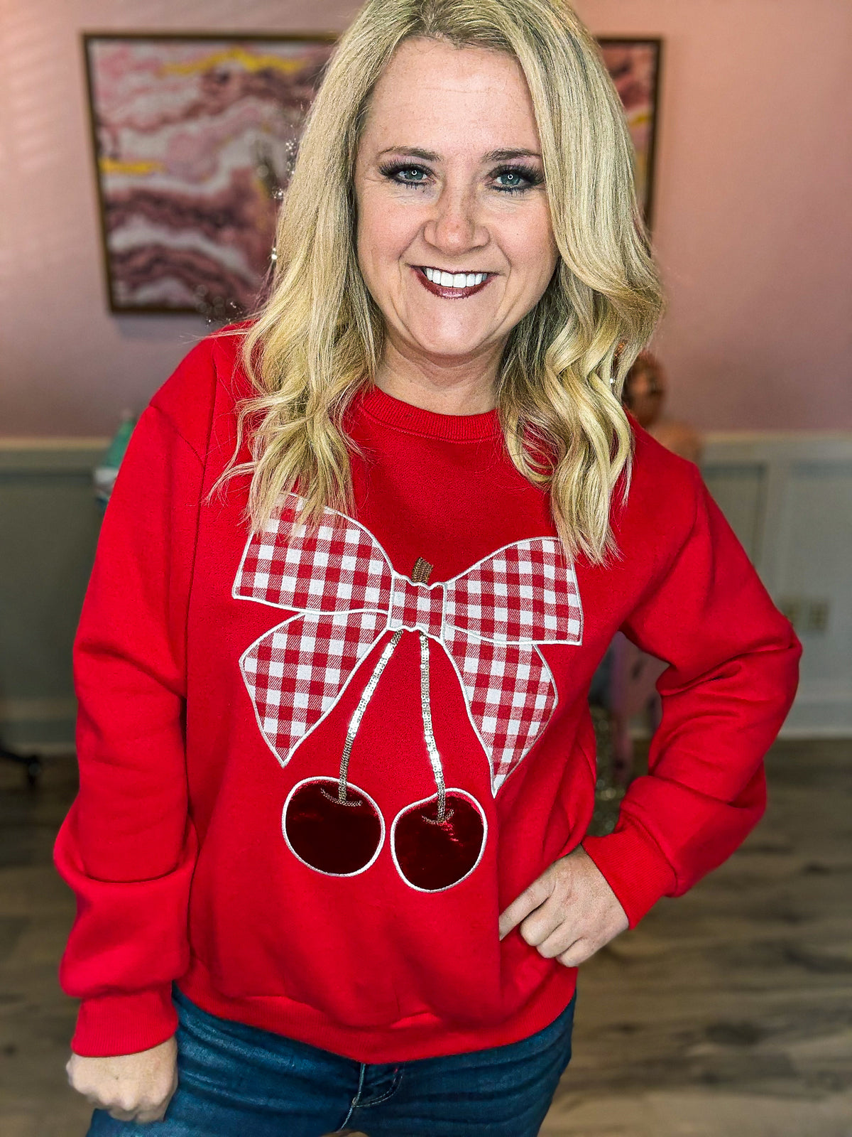 Plaid Cherry Sweatshirt-Red