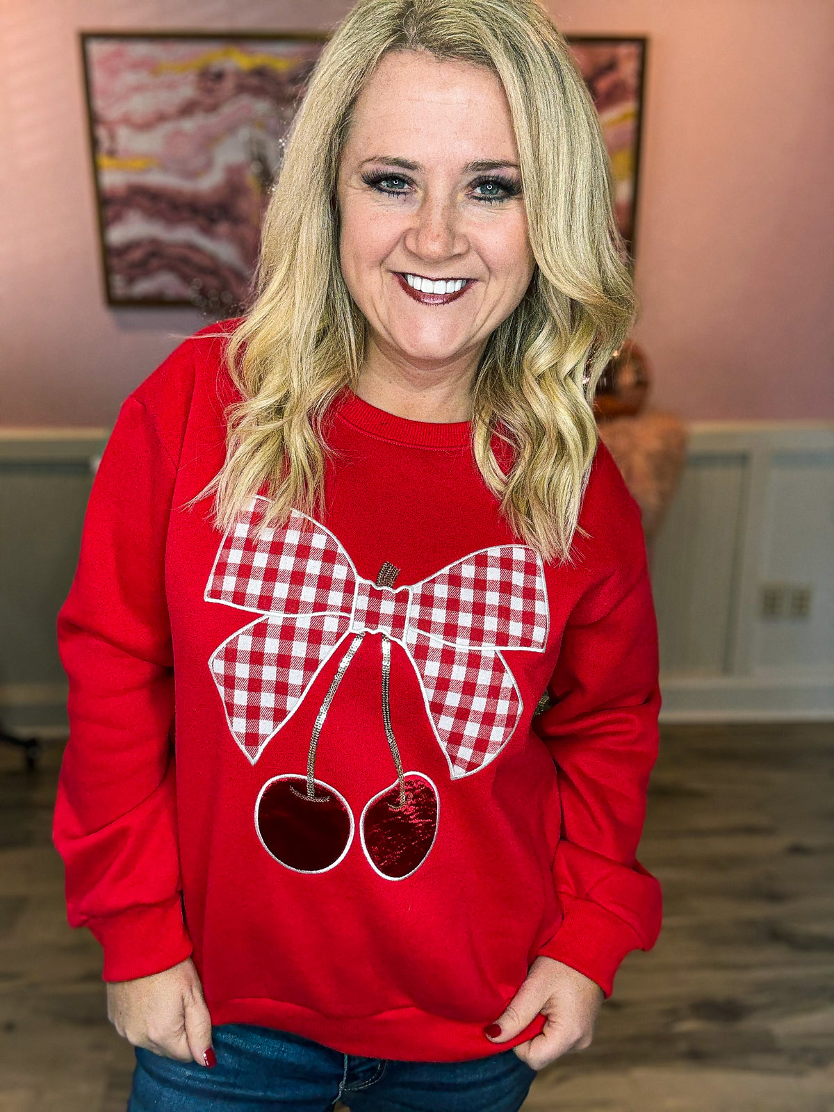 Plaid Cherry Sweatshirt-Red