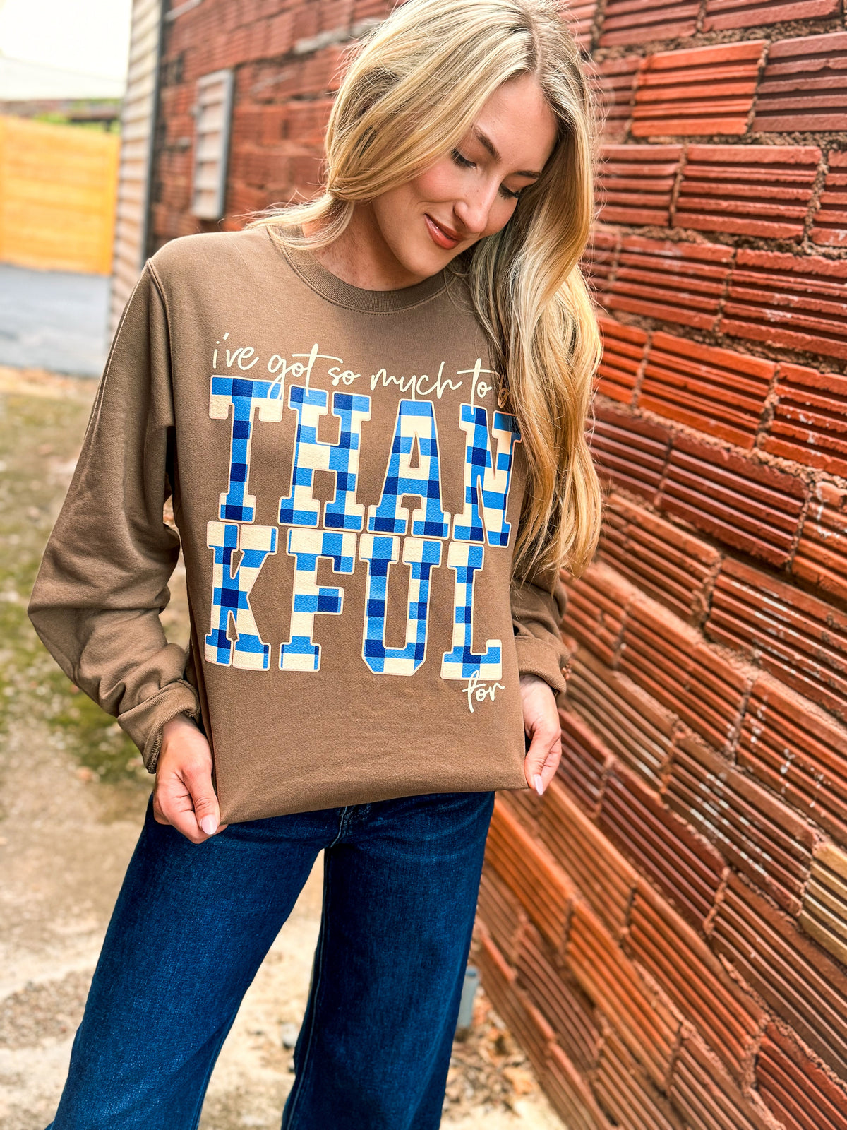 Brown Thankful Plaid Sweatshirt