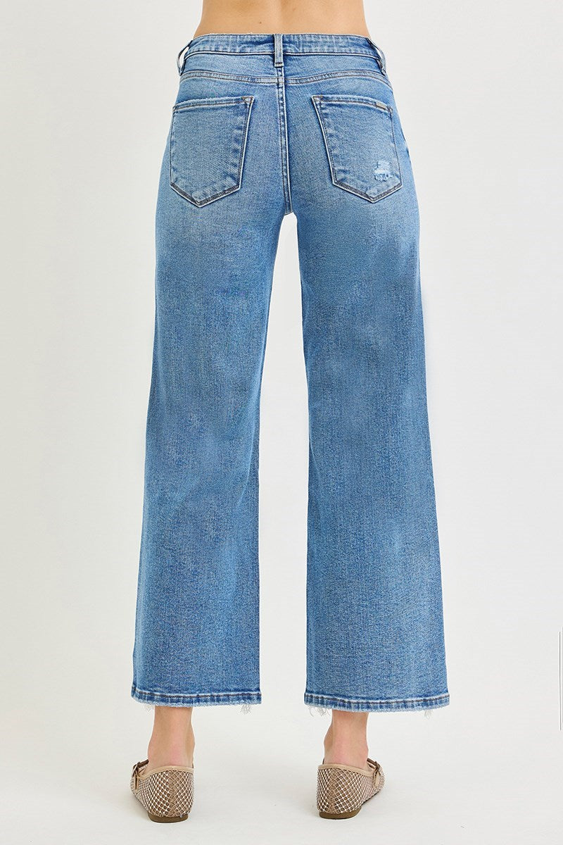 Mid Rise Fray Wide Leg Jeans-Risen
