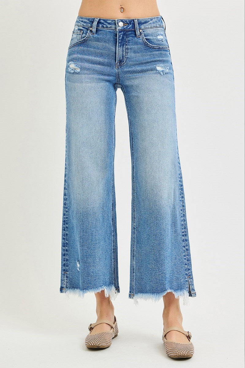Mid Rise Fray Wide Leg Jeans-Risen