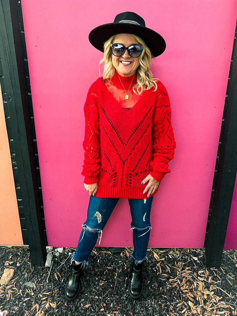 Red Sweater with Lace Neck