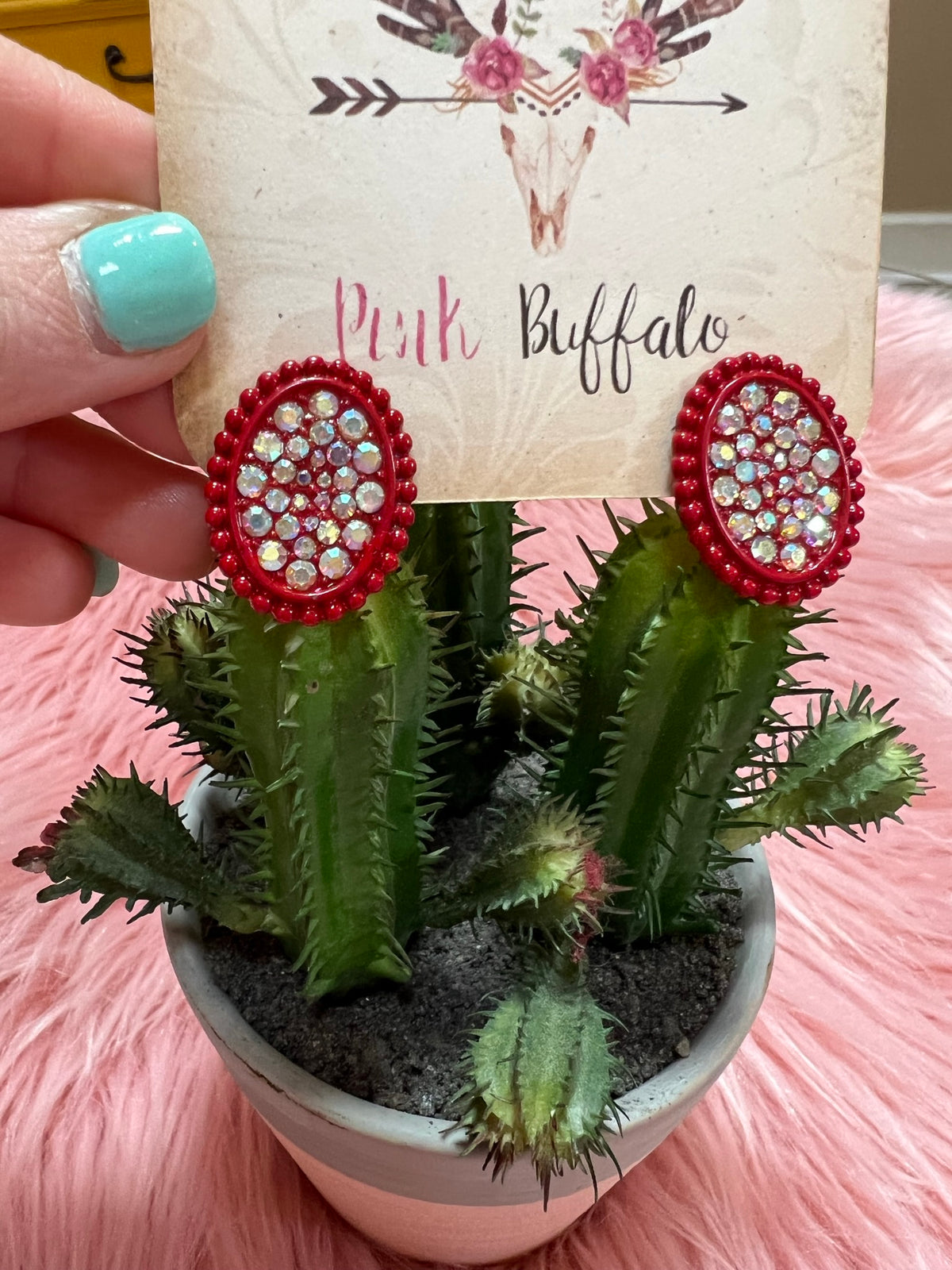 Red Rhinestone Oval Earrings
