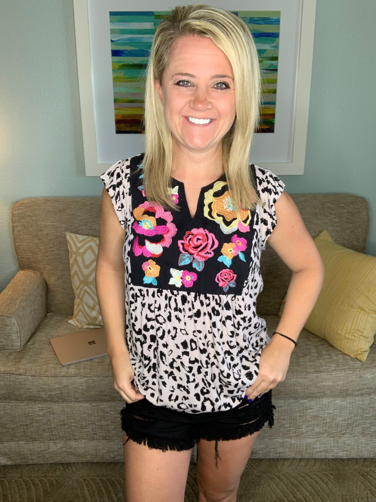 Embroidered Floral Leopard Top-SJ