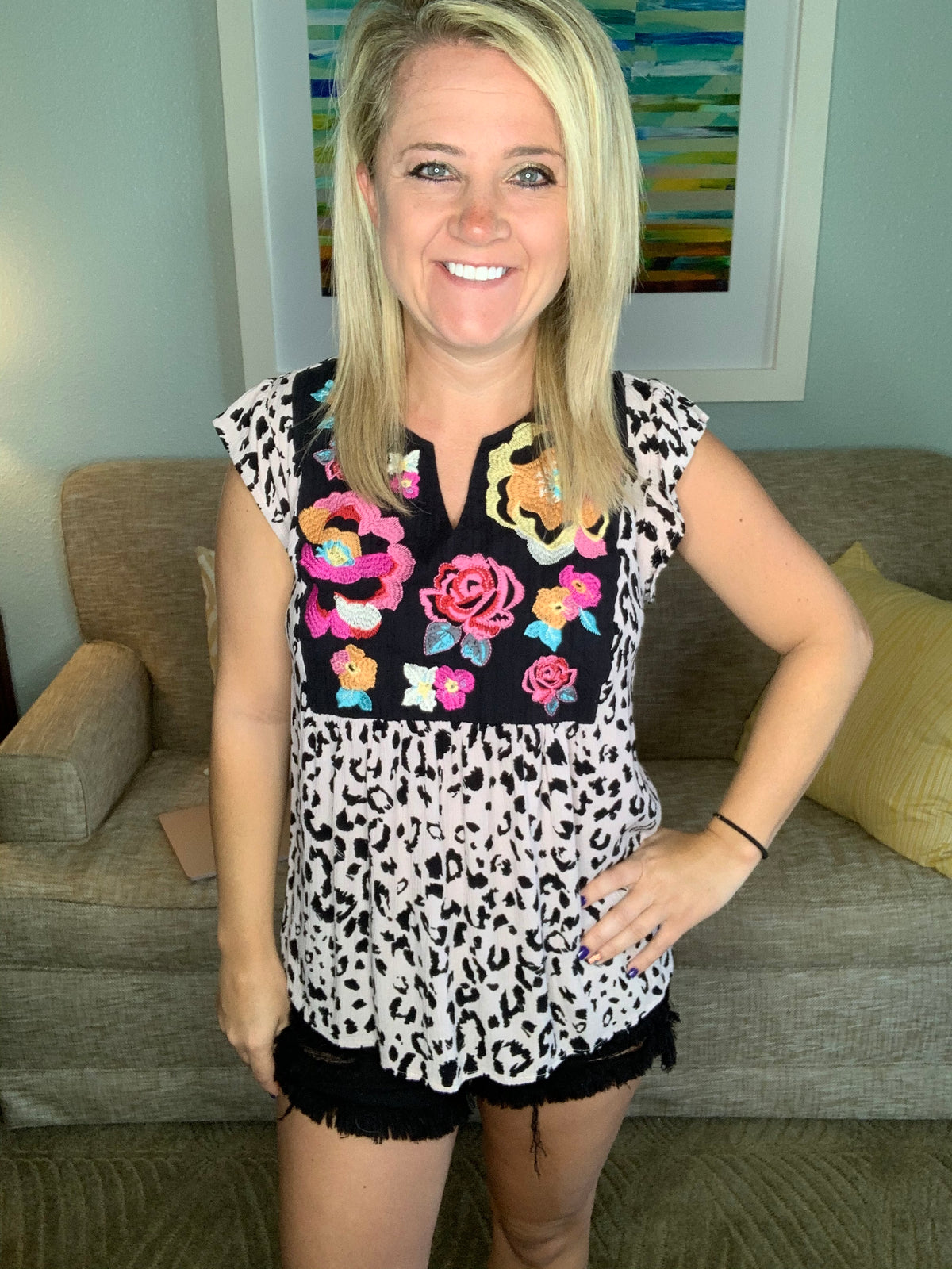 Embroidered Floral Leopard Top-SJ