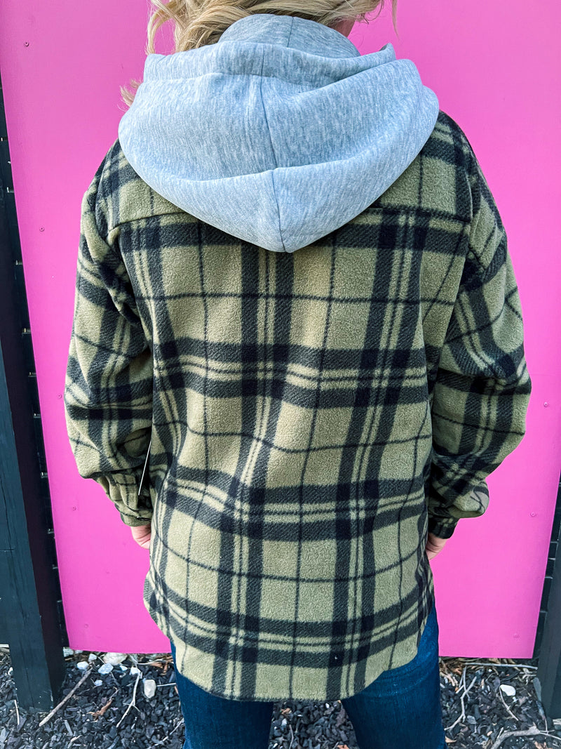 Plaid Fleece Hoodie-Olive