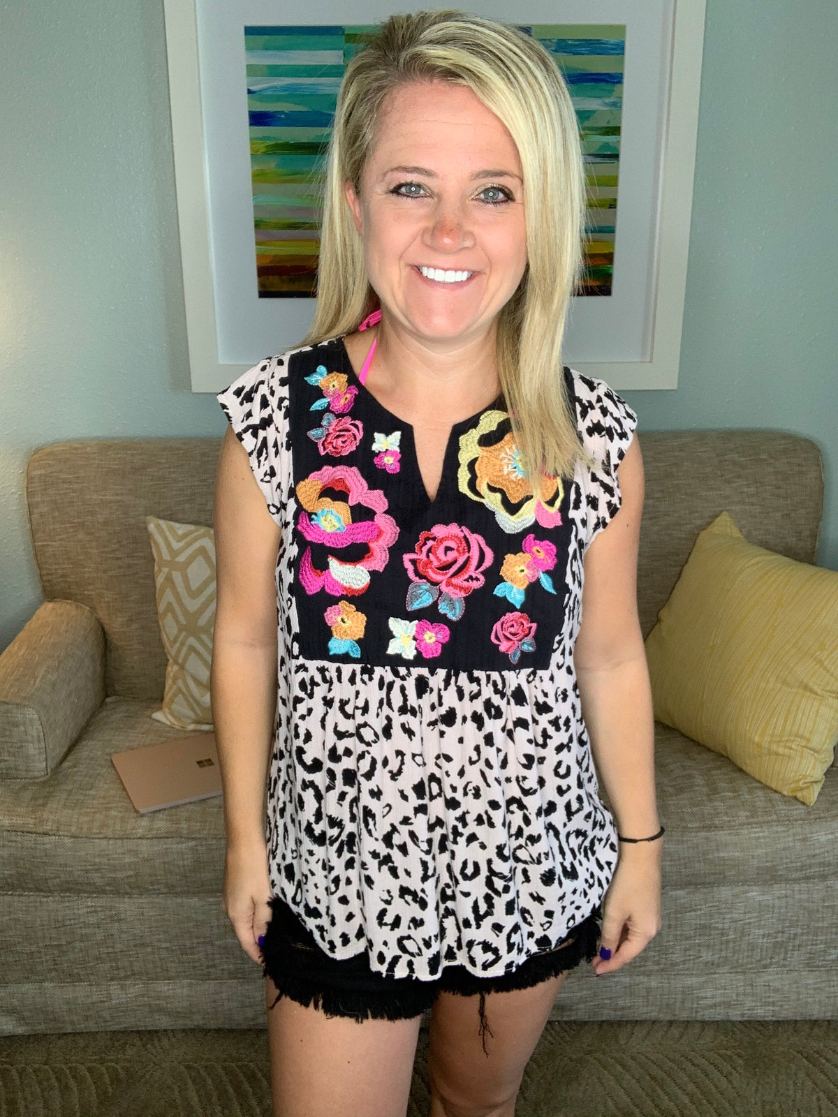 Embroidered Floral Leopard Top-SJ