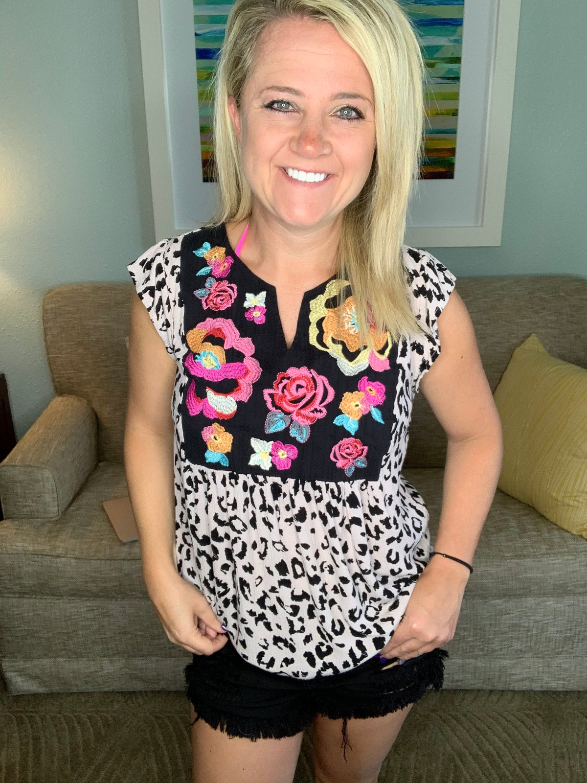 Embroidered Floral Leopard Top-SJ