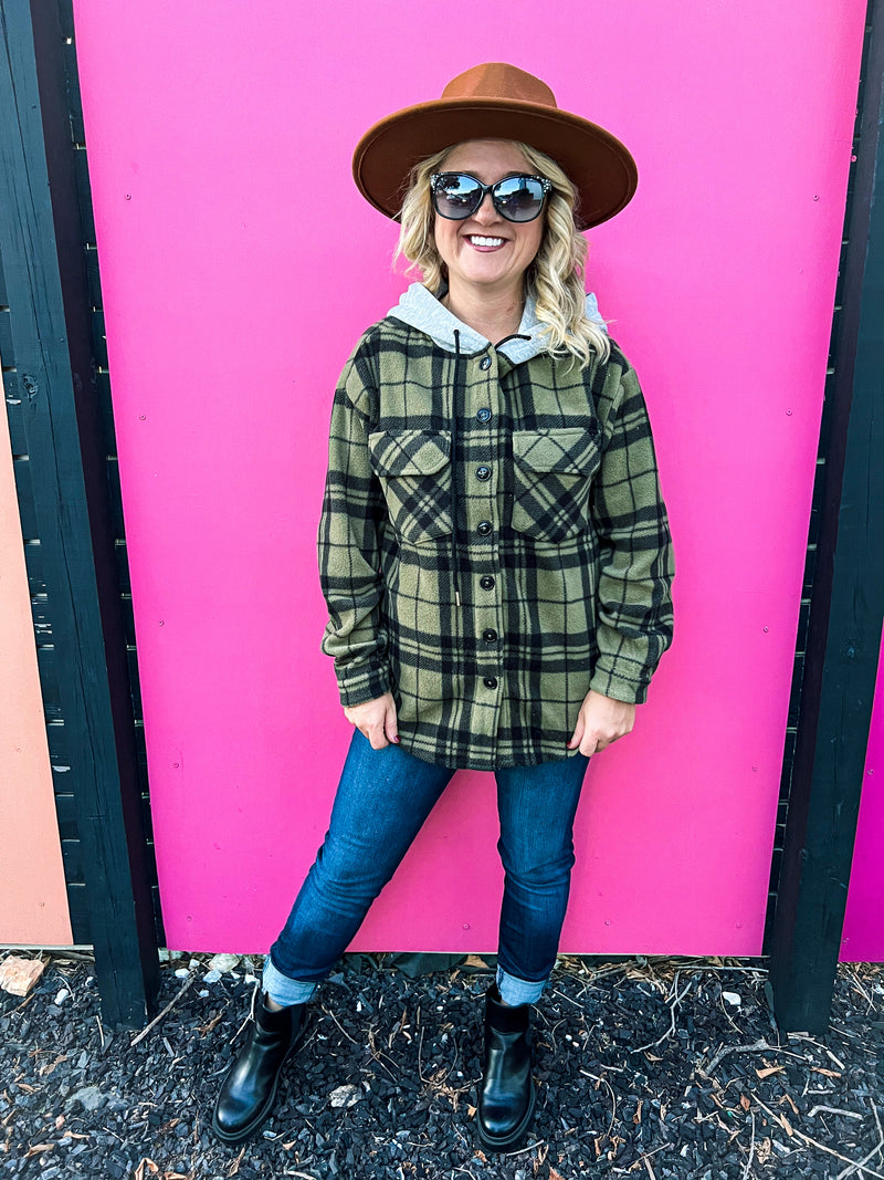 Plaid Fleece Hoodie-Olive