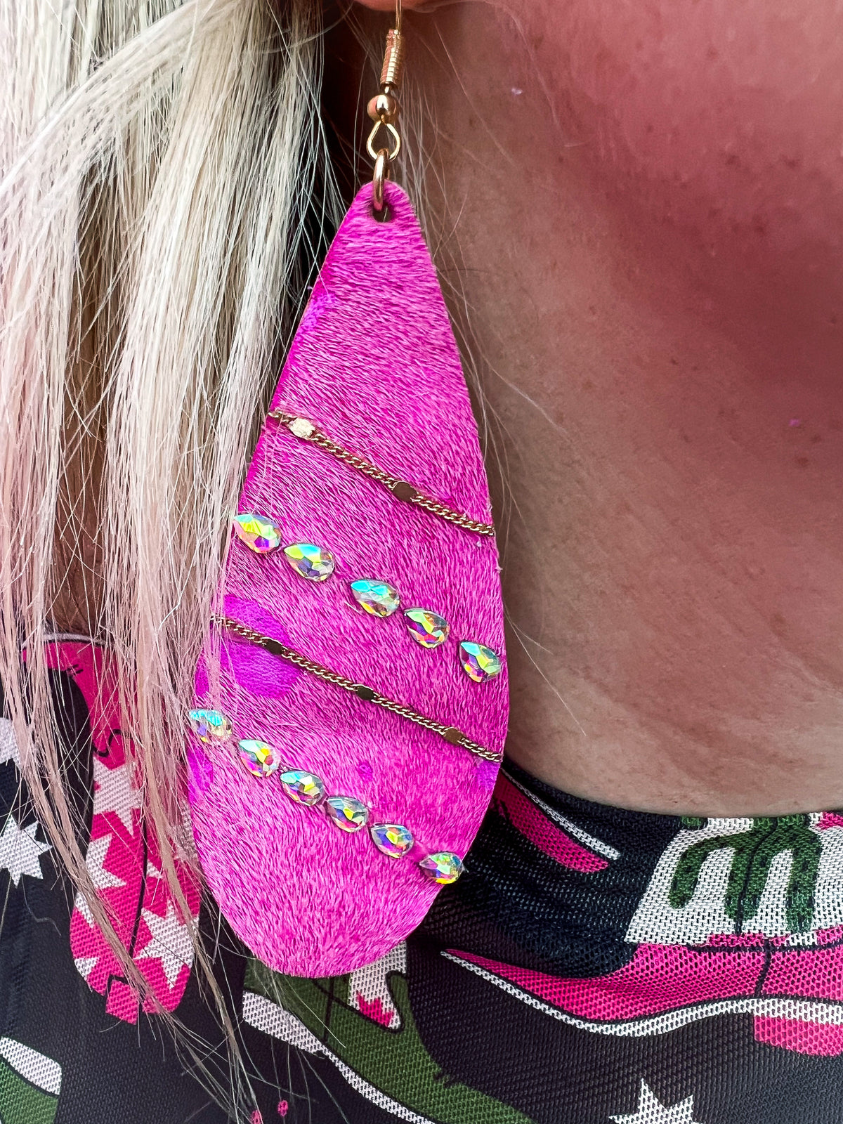 Pink Rhinestone Cowhide Earrings
