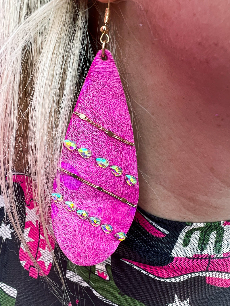 Pink Rhinestone Cowhide Earrings